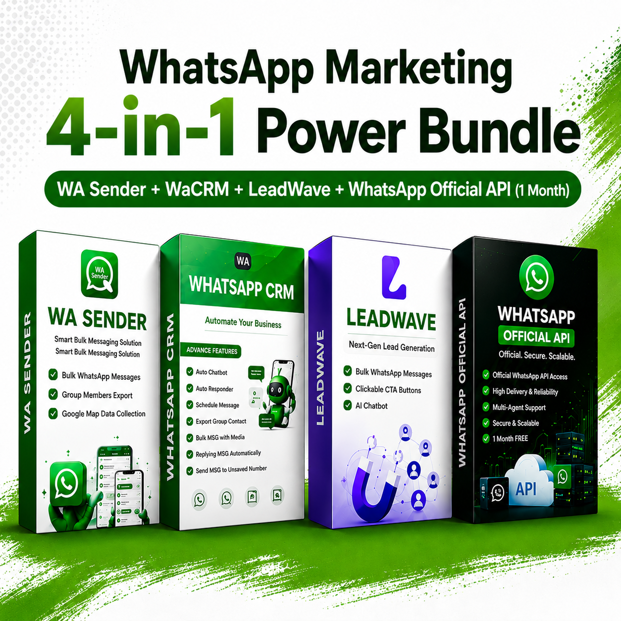 WhatsApp Marketing 4-in-1 Power Bundle | WA Sender + WaCRM + LeadWave + WhatsApp Official API (1 Month)