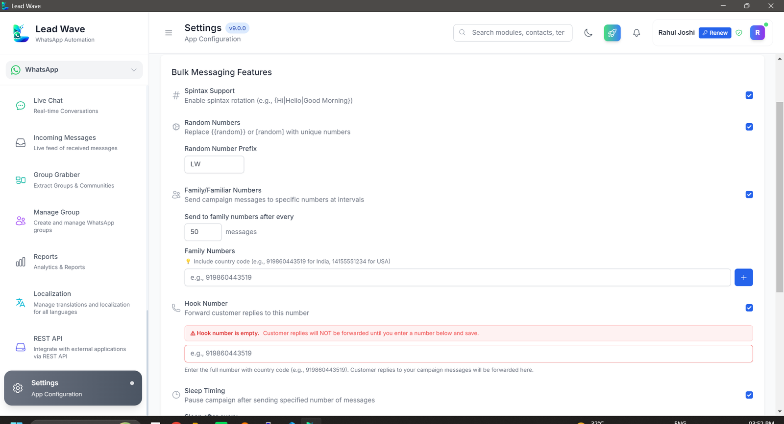 LeadWave Bulk Message Settings — sending delay controls