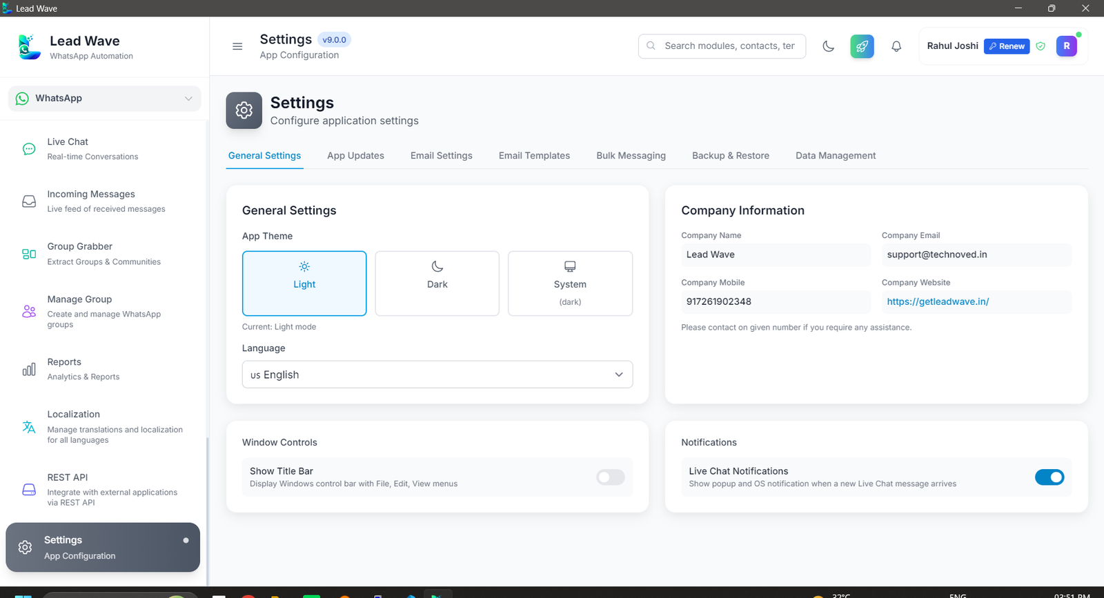 LeadWave Settings — configure all sessions and preferences