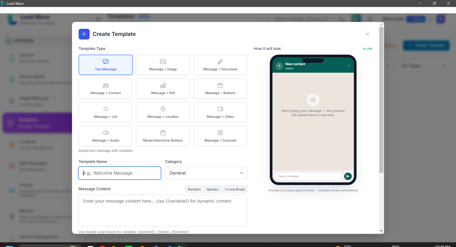 LeadWave Message Templates — reusable interactive templates