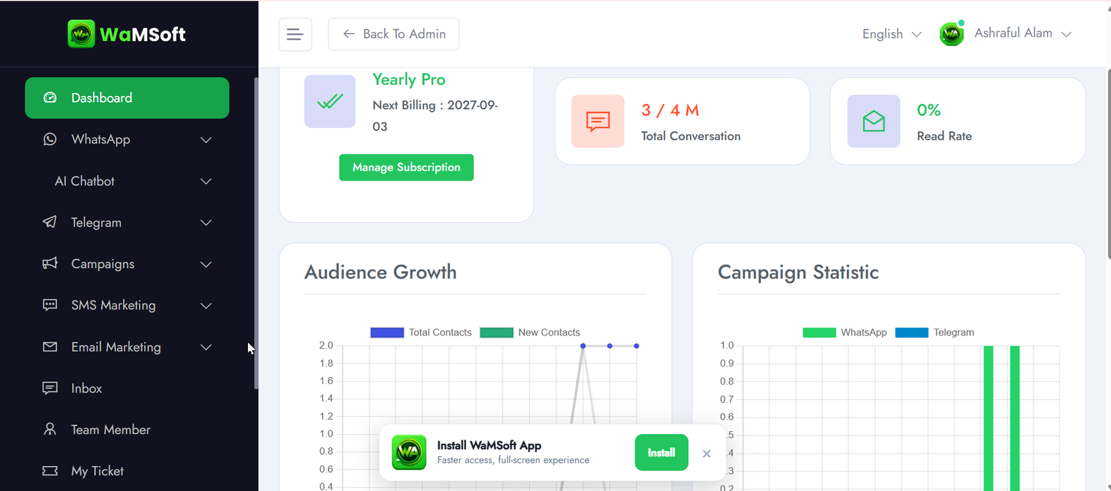 WaMSoft dashboard — WhatsApp Business API campaigns, shared team inbox, chatbot and delivery analytics in one platform